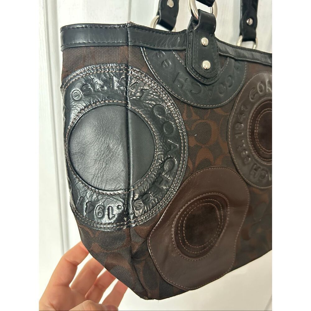 COACH Circle Patchwork East West Tote Black Brown F15466 Shoulder Handbag Purse - Picture 9 of 10